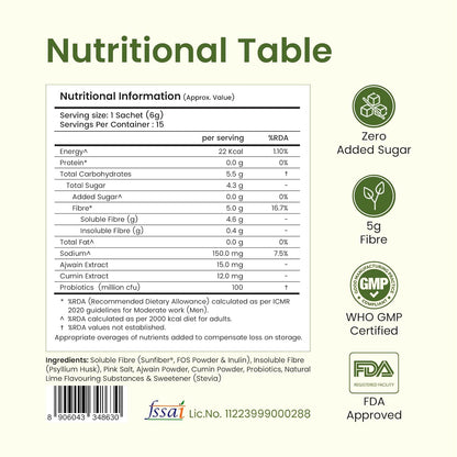 Supply6 Fibre+ Daily Fiber Supplement Powder, Soluble & Dietary Fiber, Isabgol Replacer for Digestive Support, Gut Health & Debloat, No Added Sugar, Non-GMO Sachets (Zesty Lime, 15 Servings)