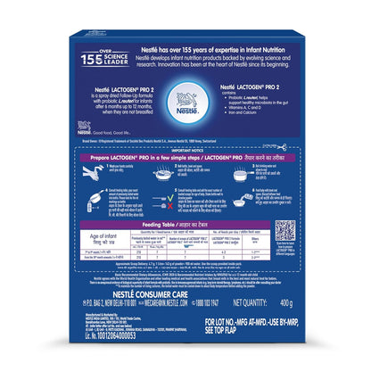 Lactogen Pro 2 Powder, Follow-Up Formula With Probiotic, After 6 Months Up To 12 Months, Bag-In-Box Pack, 400g.