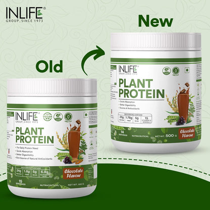 INLIFE Plant Protein Powder - Pea, Quinoa & Brown Rice - 25g Protein - Ashwagandha, Green Tea & Grape Seed Extract - Digestive Enzymes Bodybuilding Supplement (500 g, Chocolate)