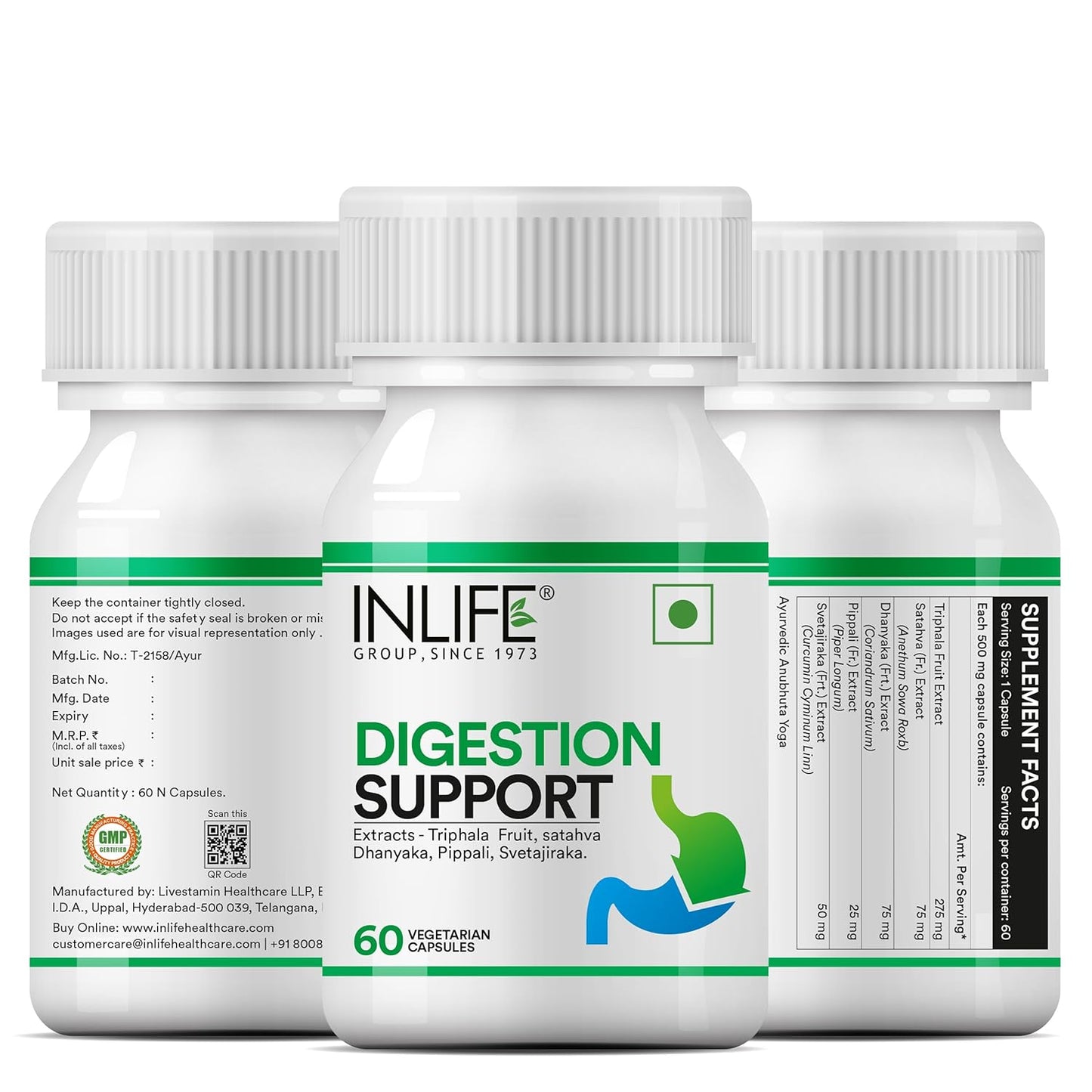 INLIFE Digestion Support Supplement | Triphala, Satahva, Dhanyaka, Pippali, Svetajiraka for Healthy Digestive Support | For Men and Women - 60 Vegetarian Capsules