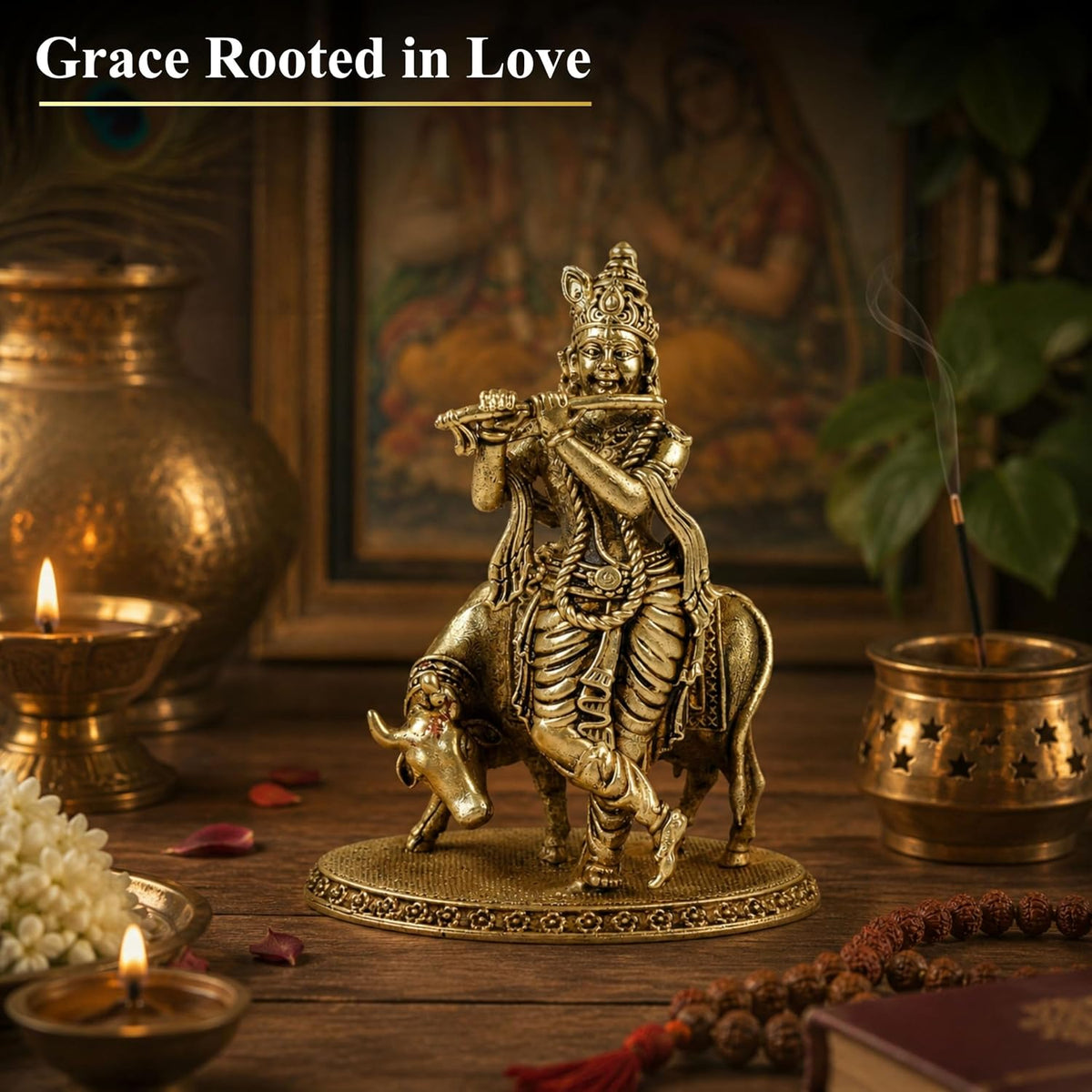 3 Inch Pure Brass Lord Krishna with Cow Idol | Flute Playing Kanha Murti for Mandir, Pooja Room, Home Temple, Pooja, Vastu & Spiritual Décor | Ideal for Diwali & Festive Gifting (Pack of 1)