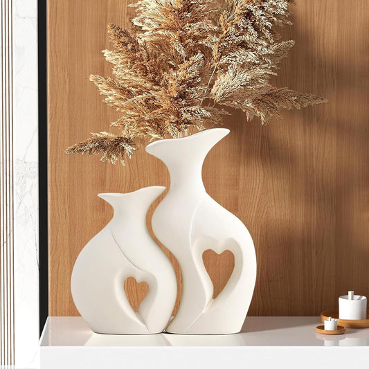 THE SACRED GIFTS Heart Shape Ceramic Vase | Modern Boho Hollow Flower Vases | Nordic Aesthetic Decor | Decorative Vases for Room | Home Book Shelf | Table Decor (Set of 2) (White)