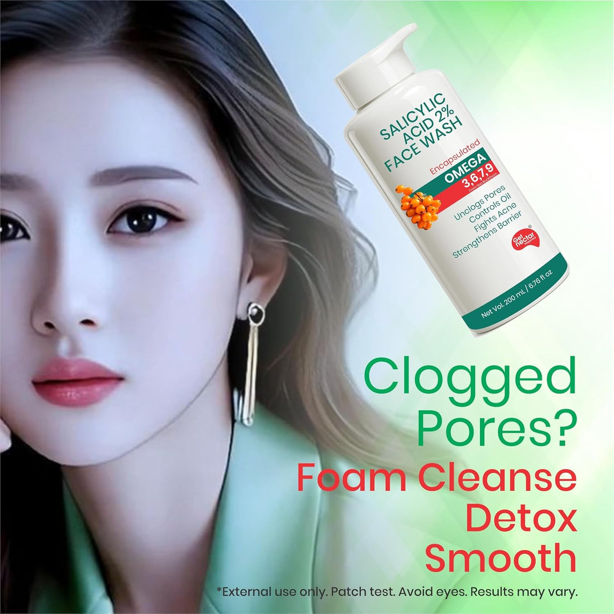 Advertisement for Salicylic Acid Face Wash with a woman's face and product bottle.