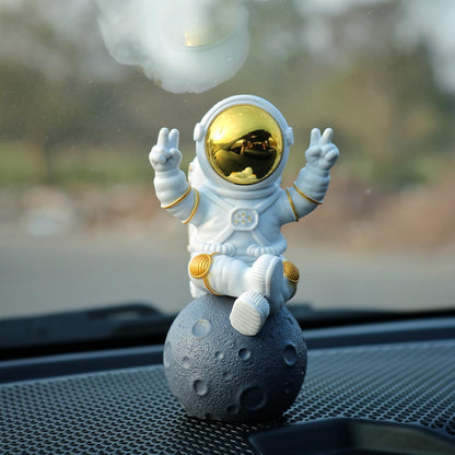 Astronaut Figurine Showpiece for Home Décor, Office Desk, Car Dashboard & Table Decoration | Space Astronaut Statue Collectible Gift for Home, Room & Workspace (Sitting on Moon Golden Large)