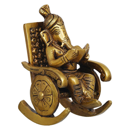 Golden Brass Handcrafted Lord Ganesha Statue Sitting on a Chair and Reading a Book Decorative Showpiece | Divine God Idol for Home, Office Decor, and Gifts