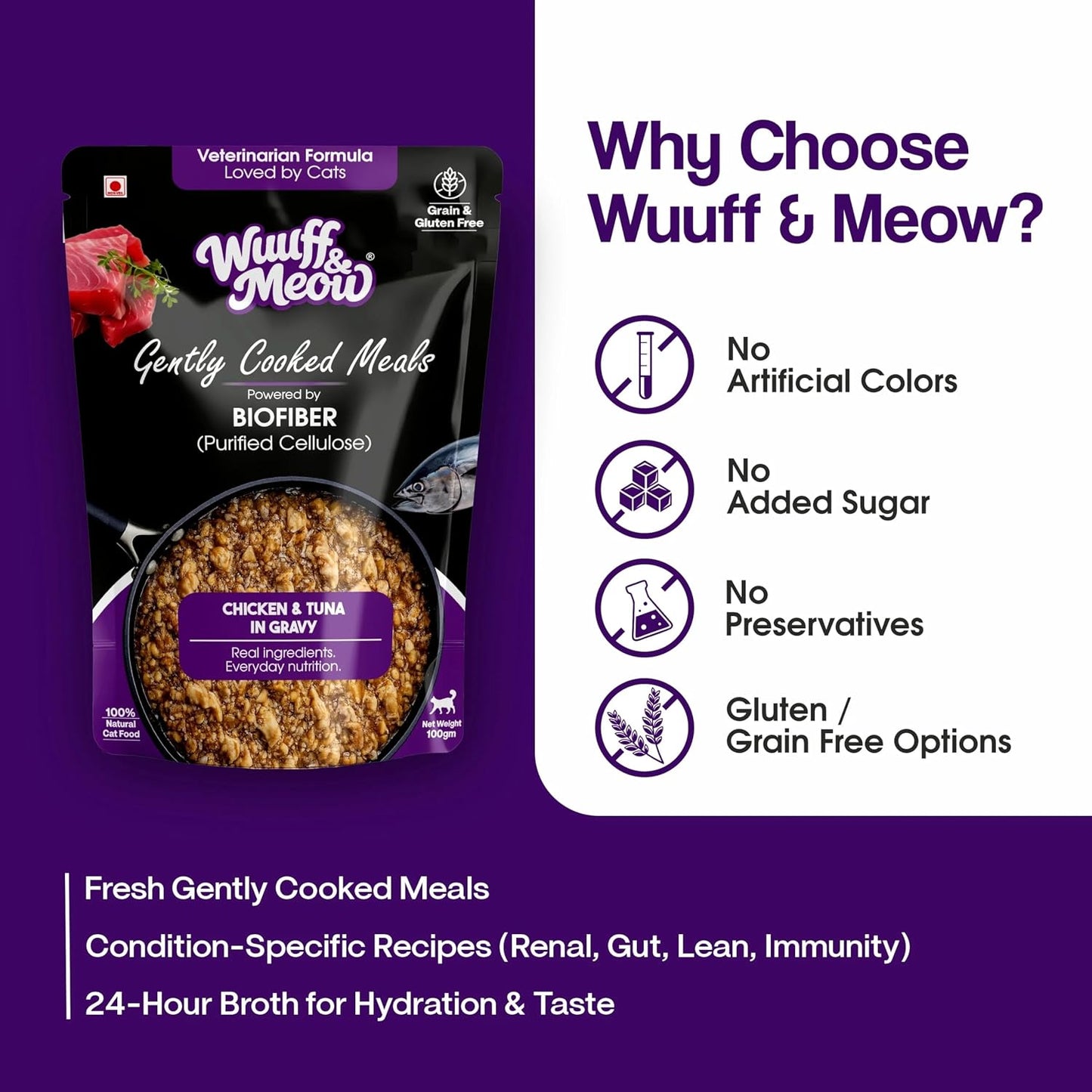 Wuuff&Meow Chicken & Tuna Wet Cat Food in Gravy for Adult & Kittens | Gently Cooked High Protein Cat Food | Zero Preservatives Powered BY BIOFIBER™ with Arbocel® for Digestion (100 g (Pack of 1))
