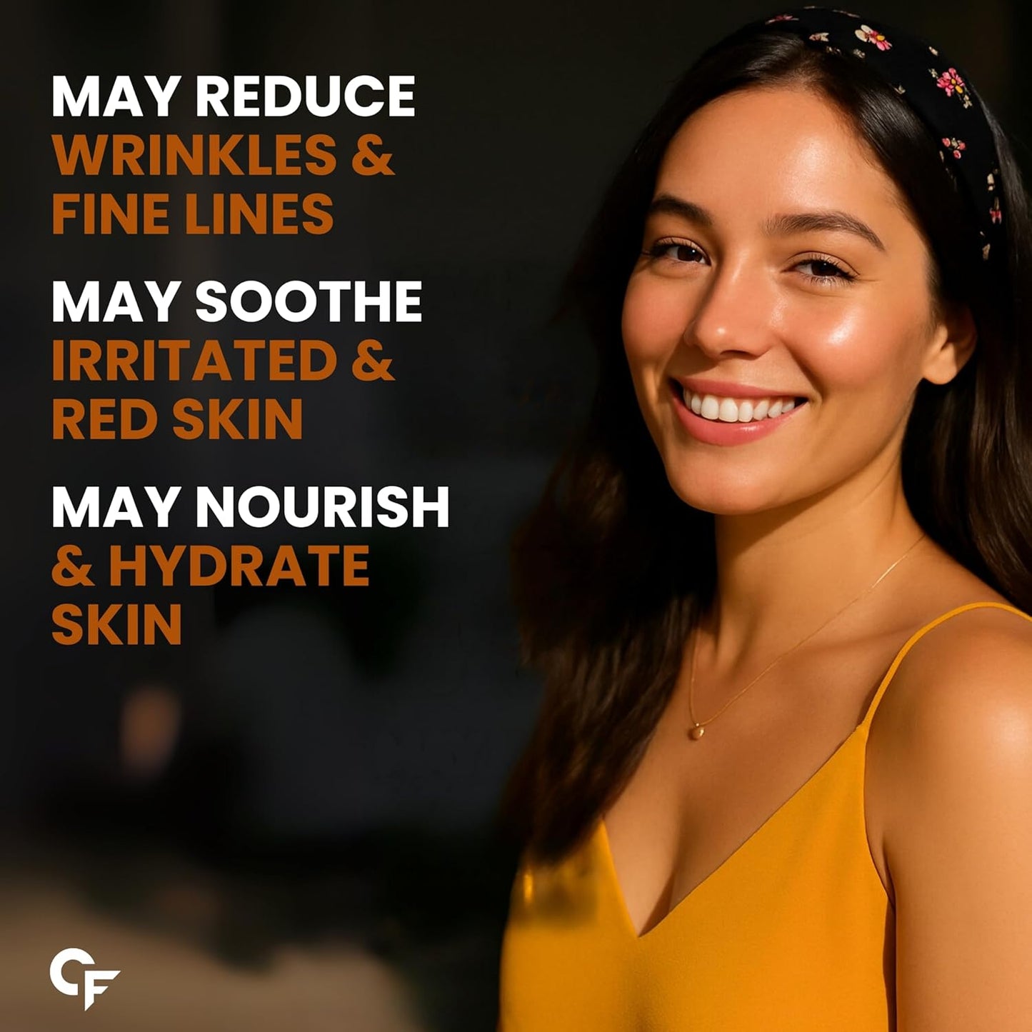 Woman with glowing skin and text about skincare benefits on a dark background