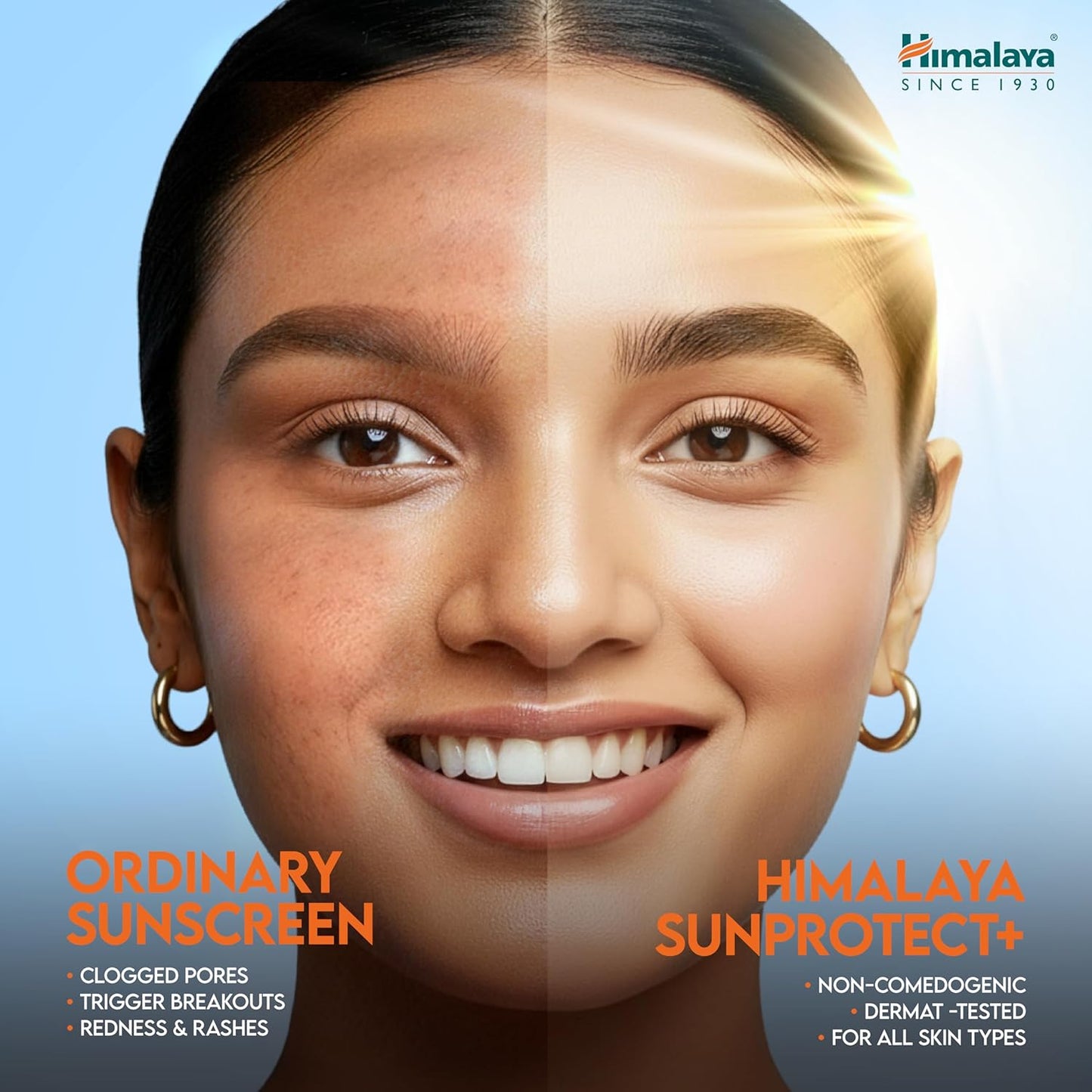 Comparison of ordinary sunscreen and Himalaya Sunprotect on a person's face with Himalaya logo.
