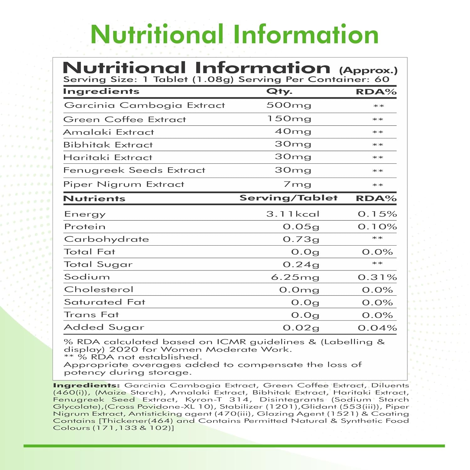 Nutritional information label for a dietary supplement with green accents.