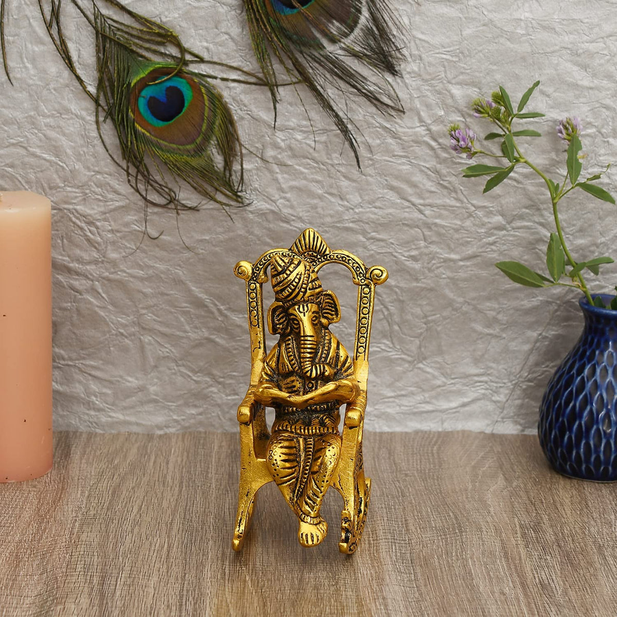 Lord Ganesha Reading Ramayana Statue Hindu God Ganesh Ganpati Sitting on Chair Idol Sculpture Good Luck & Success Home Office Gifts Decor Golden Brass Metal