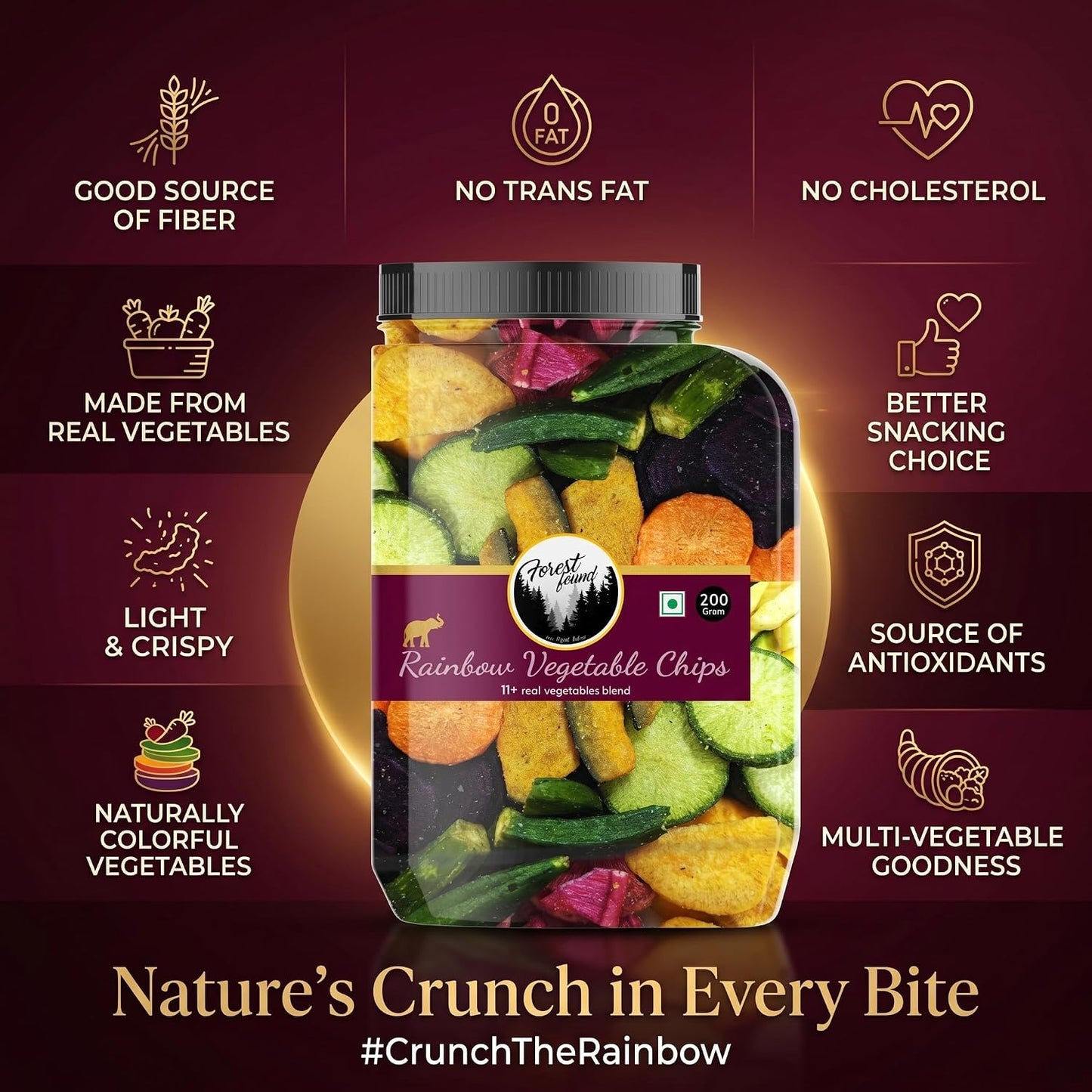 Forest Found Rainbow Vegetable Chips 200 gm | 11+ Exotic Blend | Made with Real Veggies, Light & Crispy Healthy Snack | No Palm Oil, Gluten-Free | Crunchy Crisps| 11 Mix Veggie (Pack-200g)