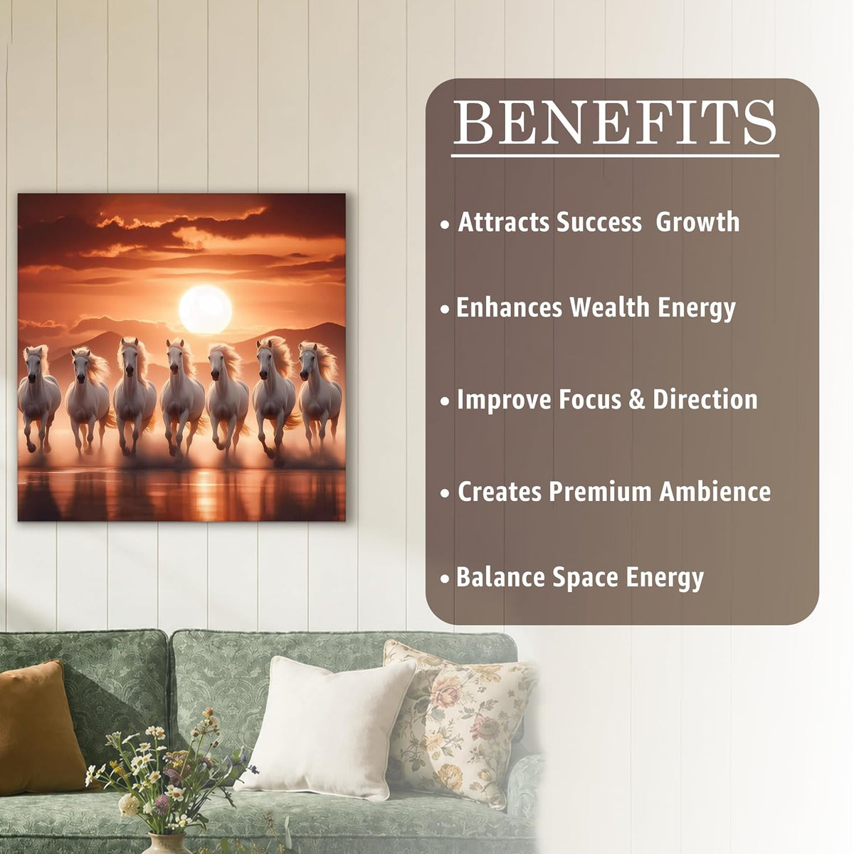 7 White Running Horses Vastu Wall Art Painting for Living Room, Seven Running Horses Painting for Bedroom, Home & Office, Stretched Canvas 16x22 Inch
