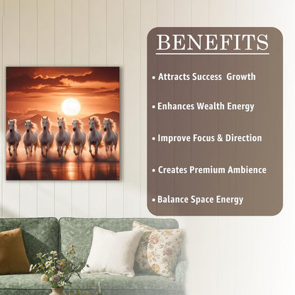 7 White Running Horses Vastu Wall Art Painting for Living Room, Seven Running Horses Painting for Bedroom, Home & Office, Stretched Canvas 16x22 Inch