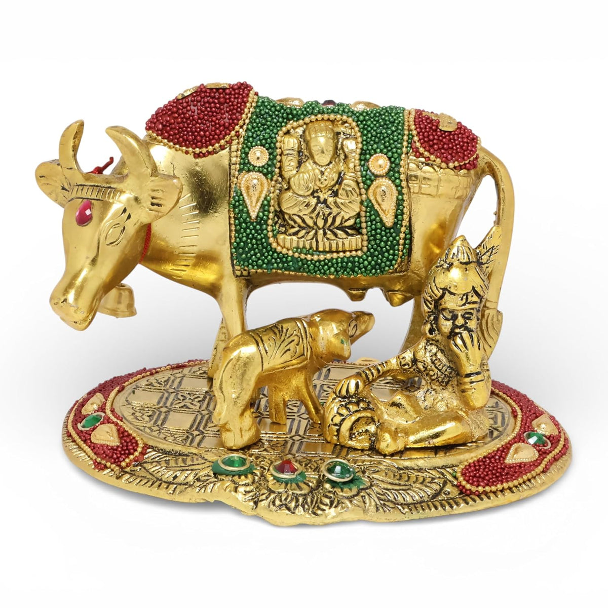 KridayKraft Kamdhenu Cow,Calf with Bal Gopal Krishna Metal Statue for Good Luck,Feng Shui As Table Top Figurine,Vastu,Religious Gau MATA Idol Home,Office&Table Decorative,Animal.