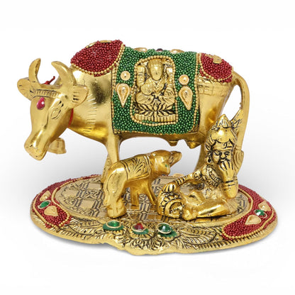 KridayKraft Kamdhenu Cow,Calf with Bal Gopal Krishna Metal Statue for Good Luck,Feng Shui As Table Top Figurine,Vastu,Religious Gau MATA Idol Home,Office&Table Decorative,Animal.