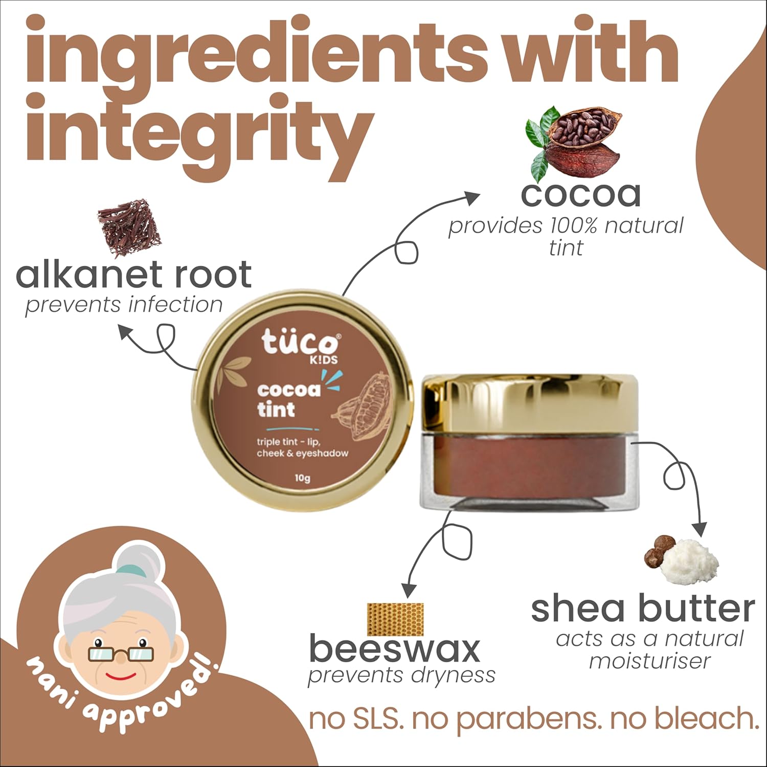 Product packaging with ingredients listed and a label indicating 'ingredients with integrity'.
