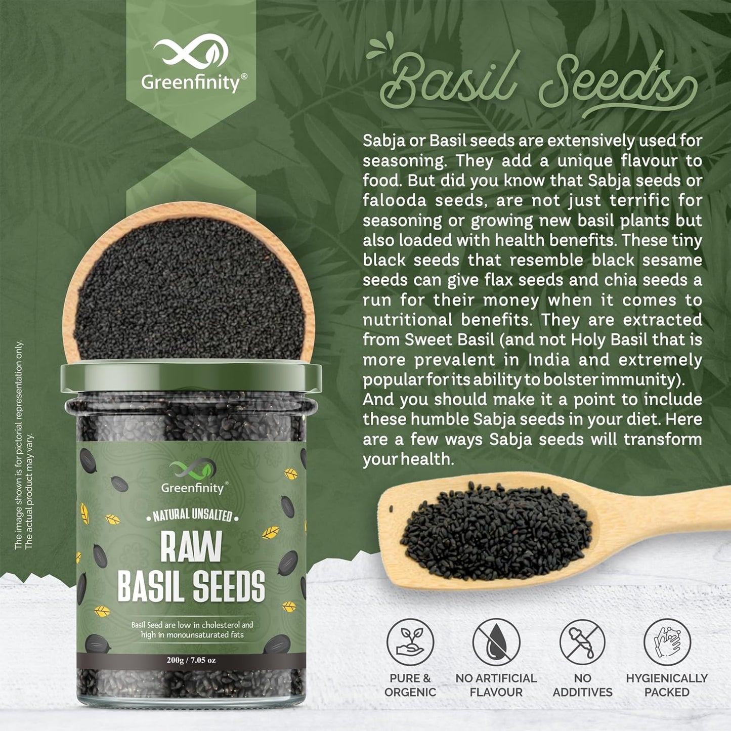 Greenfinity Hygienic Raw Sabja Basil Seeds 200 Grams Nutrient-Rich, Pure Basil Seeds For Healthy Drinks, Smoothies, And Recipes
