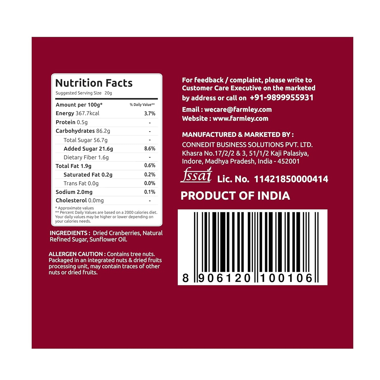 Farmley Dried Cranberry I 250 Gram, Pack Of 1 I Dried Fruit, Berries, High Nutrient And Antioxidant No Added Preservatives