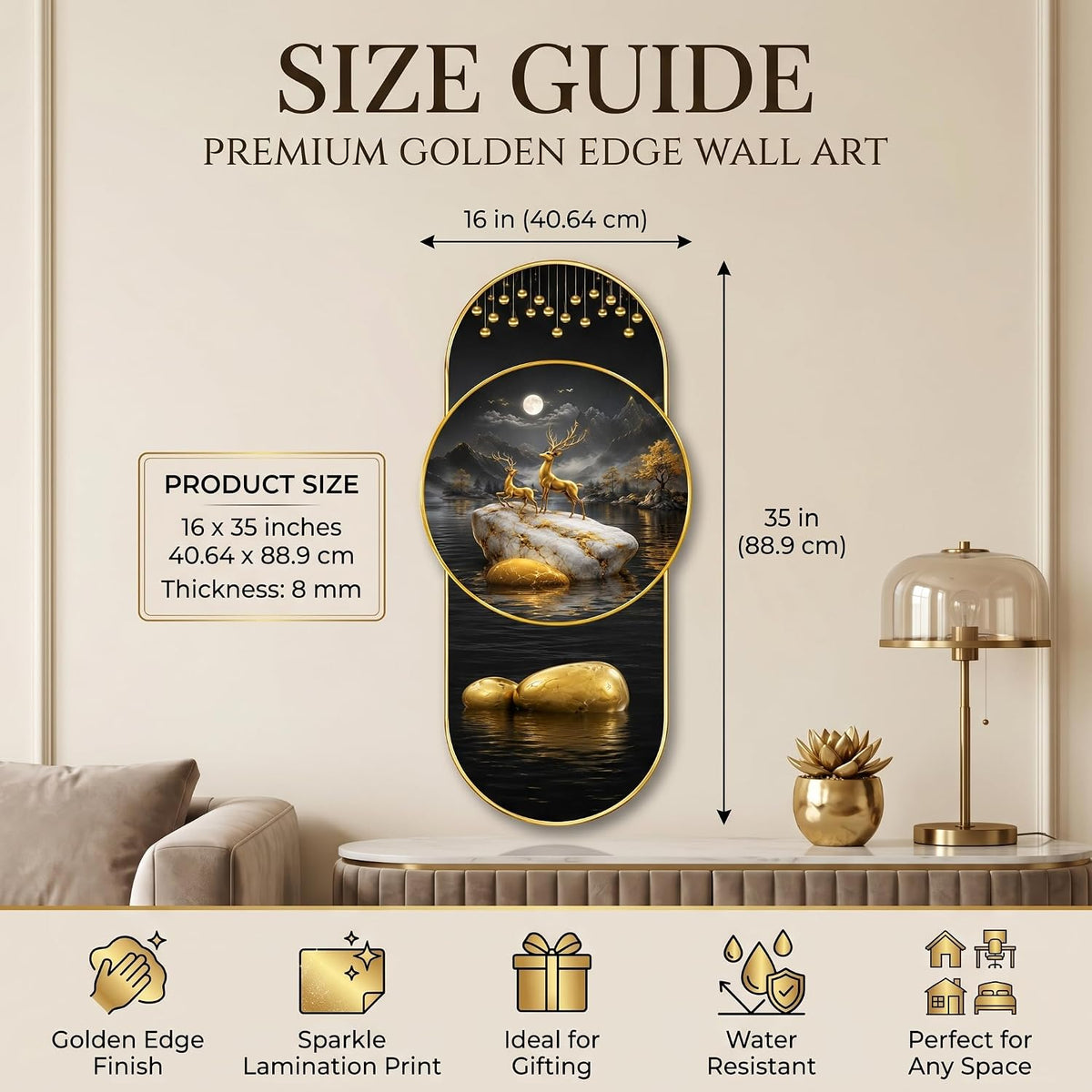 Golden Deer Lake Landscape Wall Painting for Living Room, Dining Room & Bedroom Decor, Black Gold Nature Artwork with Moon & Premium PVC Golden Frame (16 x 35 Inch)