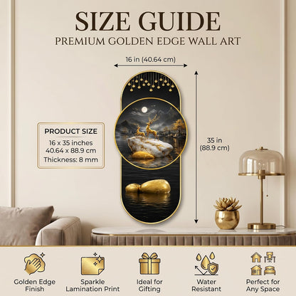 Golden Deer Lake Landscape Wall Painting for Living Room, Dining Room & Bedroom Decor, Black Gold Nature Artwork with Moon & Premium PVC Golden Frame (16 x 35 Inch)