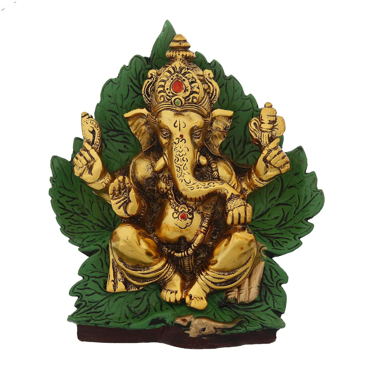 Golden Sitting Lord Ganesha on Green Throne Metal Decorative Showpiece, Green, Golden and Brown, one Size (AGG559)