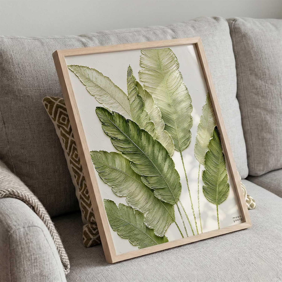 Green Leaf Aesthetic Modern Art Wall Painting | Home Decoration Floral Painting With Frame For Living Room Bedroom Wall Decor | Textured Digital Reprint Set of 1 Size (13X17 INCH)