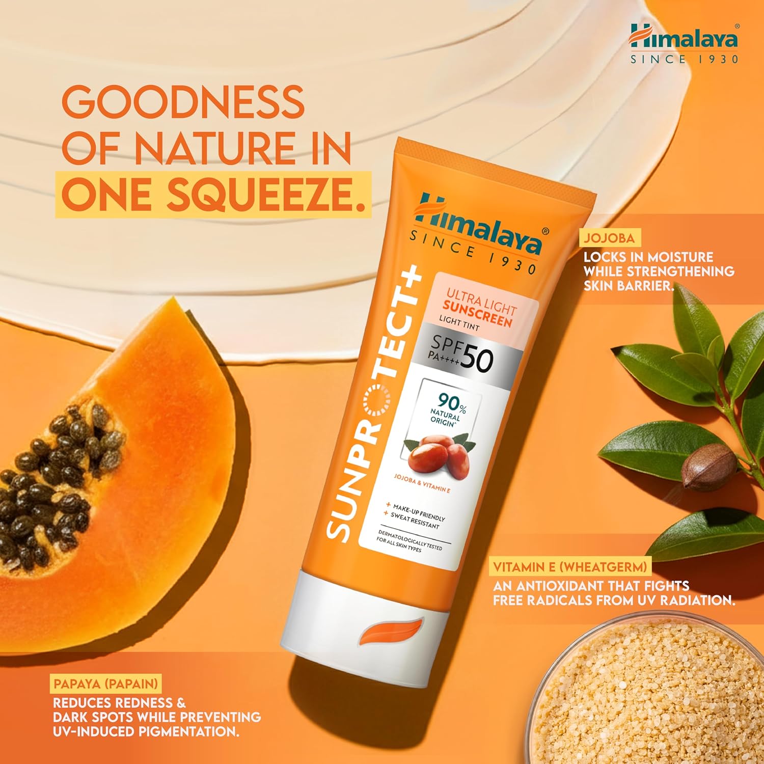 Himalaya Sunprotect+ sunscreen tube with ingredients and benefits on an orange background
