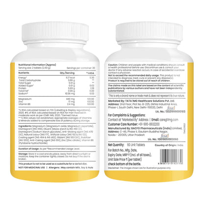 TATA 1MG ZMA+ Vitamin B6 Tablets| 100% RDA of Magnesium & Vitamin B6 | High Absorption Zinc Citrate for Muscle Recovery, Sleep & Strength | Reduces Cramps & Fatigue | 60 Tablet