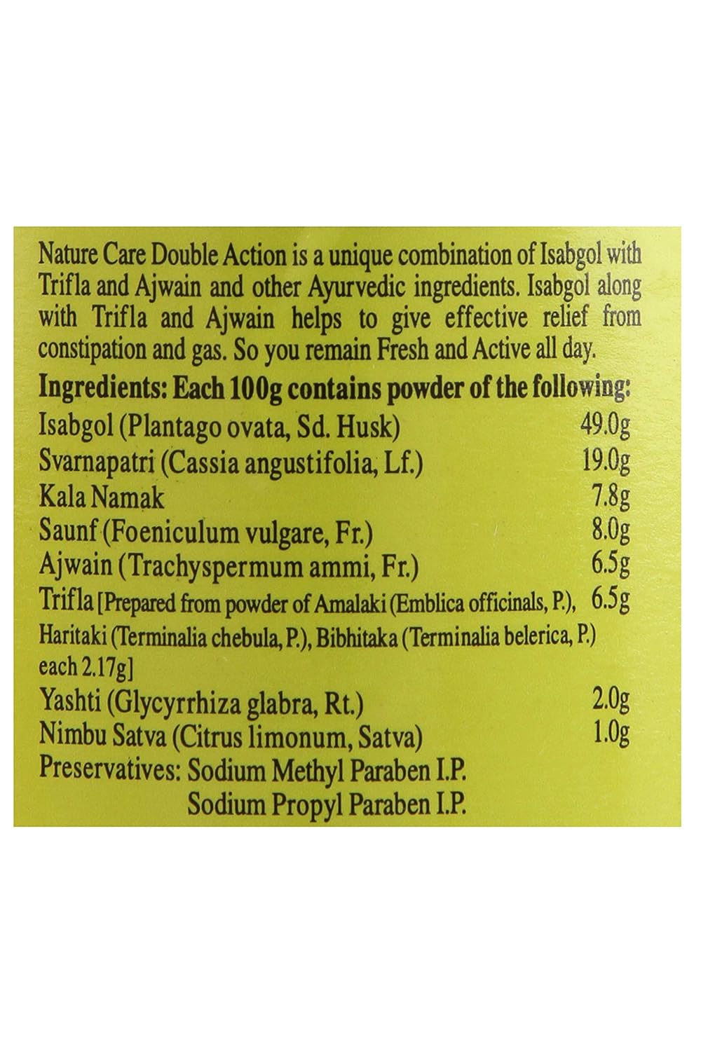 Ingredients list of a natural product on a yellow background