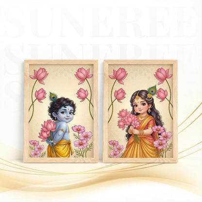 Radha Krishna Painting with Lotus Flowers | Set of 2 Framed Wall Art Paintings | Traditional Indian Decor for Living Room Bedroom Pooja Room | (ART 5, 13x19 INCHES)