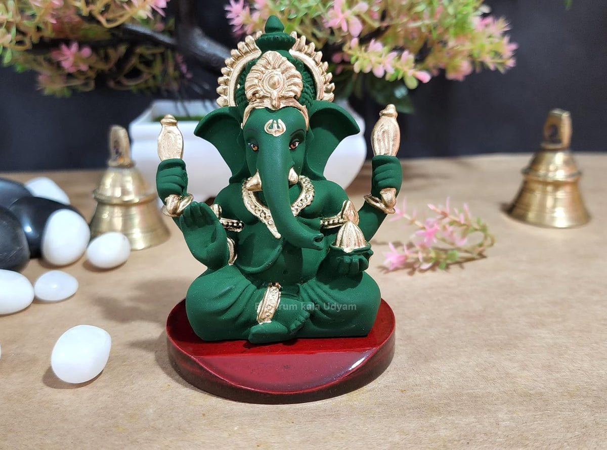 Handcrafted Poly Resin Ganesha Statue with Base - Perfect for Car Dashboard, Office Desk, Shelves, and Home Decor - Ideal Housewarming Gift! (4HandGreenTerracottaMDF)