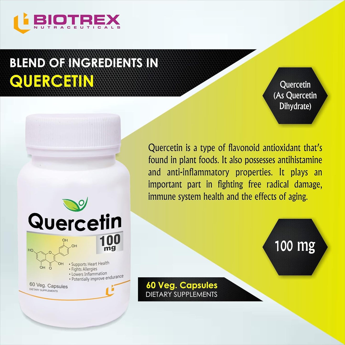 Biotrex Nutraceuticals Quercetin 100mg | Supports Energy, Brain & Heart Health | Antioxidant | Cardiovascular & Respiratory Health – 60 Veg Capsules