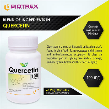 Biotrex Nutraceuticals Quercetin 100mg | Supports Energy, Brain & Heart Health | Antioxidant | Cardiovascular & Respiratory Health – 60 Veg Capsules