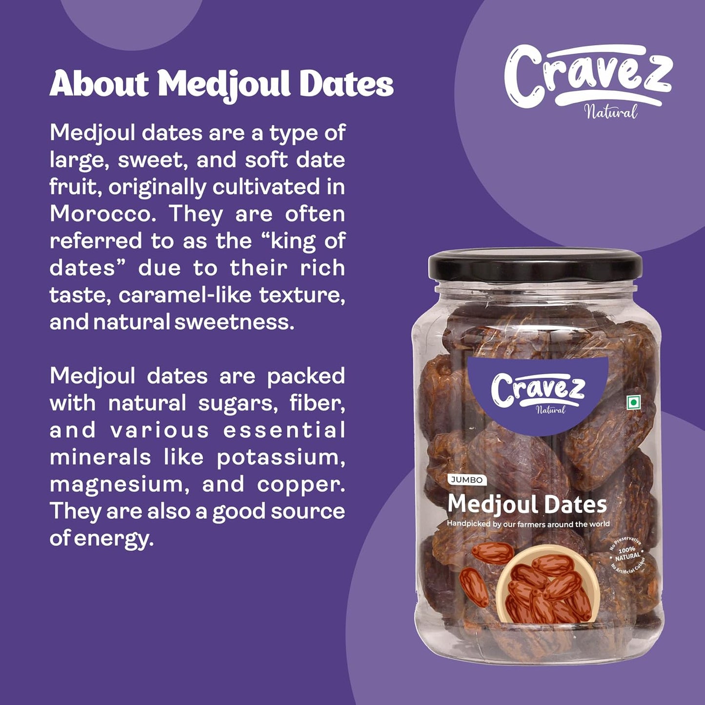 cravez Premium Medjool Dates (Medjoul) 400 Gram|Jumbo,Juicy,And Naturally Sweet|Healthy Snack & Energy Boost|High Fiber|Energy Boost With No Preservatives|King Of Dates|Diwali Gift Box,Fresh