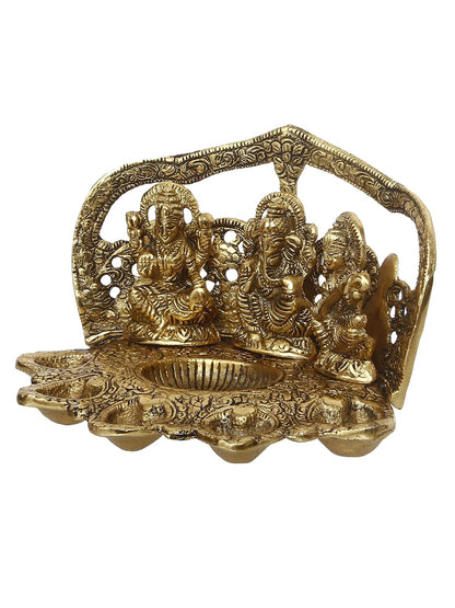 Laxmi Ganesha Saraswati with Diya for 6 Wicks Handcrafted Metal Decorative Showpiece,Gold