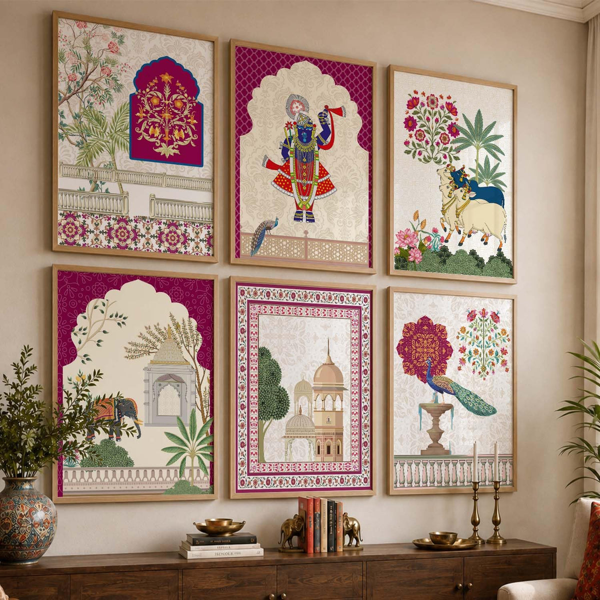 Indian Traditional Madhubani & Pichwai Wall Art | Framed Paintings for Living Room, Bedroom & Office Decor | Set of 6, 10x13 Inch