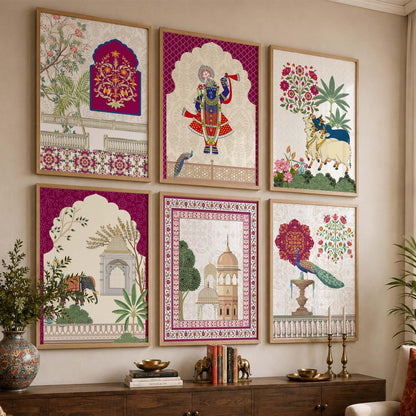 Indian Traditional Madhubani & Pichwai Wall Art | Framed Paintings for Living Room, Bedroom & Office Decor | Set of 6, 10x13 Inch
