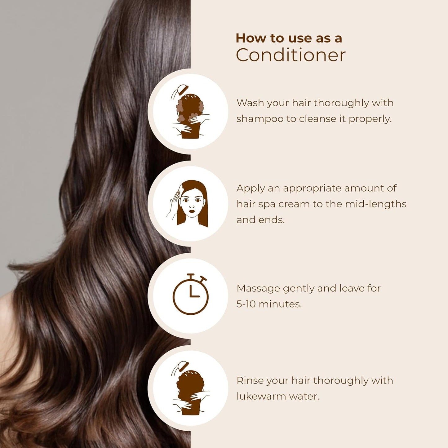 Instructions on how to use a hair conditioner with a side view of brown hair.