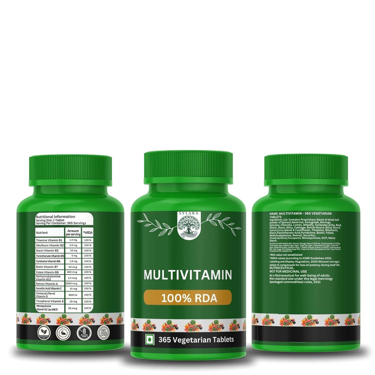 Sylara Plant Based Multivitamin -365 Capsules with Vit A, B1, B2, B3, B4, B5, B7, B6, B9 ,B12, C, D, E, K2 for Men & Women - Supports Immunity, Superfood Detox Boosts Energy - Greens, Herbs, Fruits & Vegetables Tablets Supplements
