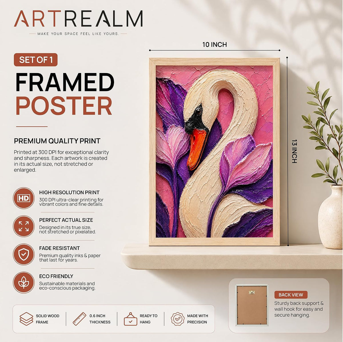 White Swan Framed Wall Art, Natural, 10x13 Inches