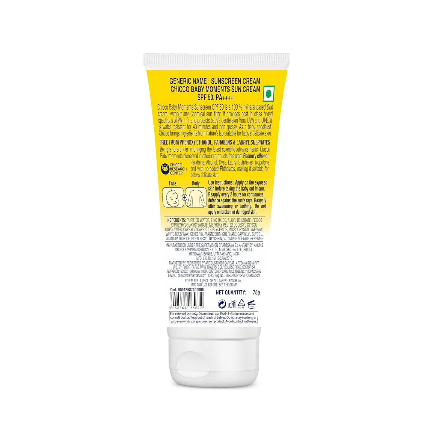 Chicco Baby Moments Mineral Sun Cream SPF 50 for Babies, 75g| 100% Mineral Sunscreen | PA++++ | UVA and UVB Protection | Phenoxyethanol, Parabens & Lauryl Sulphates Free