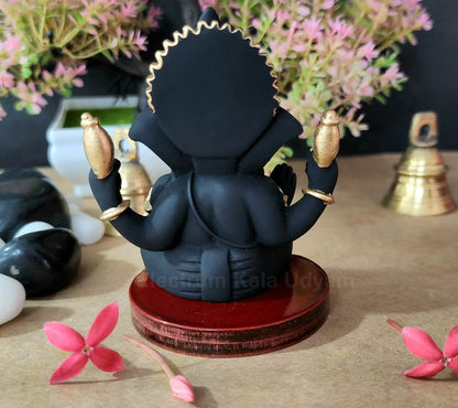 Handcrafted Poly Resin Ganesha Statue with Base - Perfect for Car Dashboard, Office Desk, Shelves, and Home Decor - Ideal Housewarming Gift! (4HandBlackTerracottaMDF)