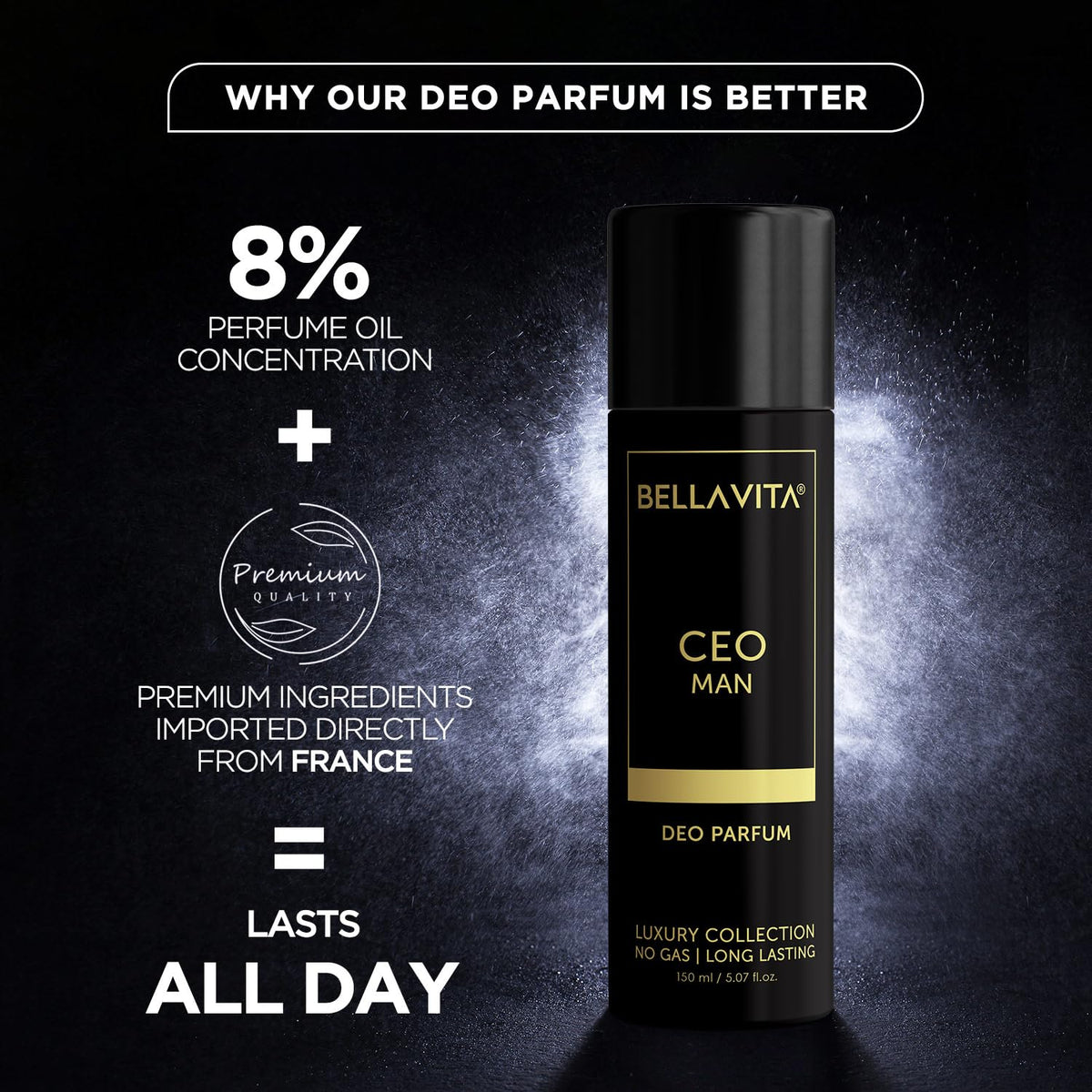 Bellavita CEO Man deo parfum bottle with text on a dark background