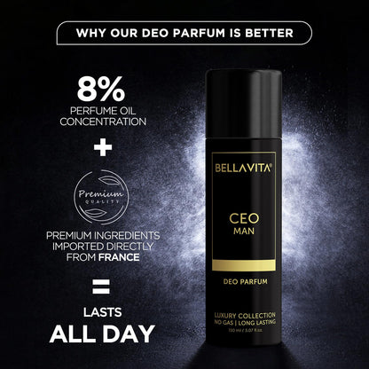 Bellavita CEO Man deo parfum bottle with text on a dark background