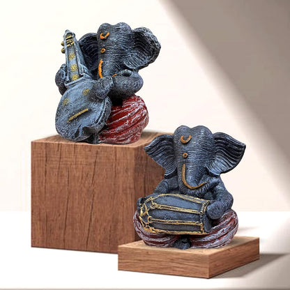 Beautiful Resin Ganesha Statues for Home Decor (Pack of 2, Grey & Red Colour)