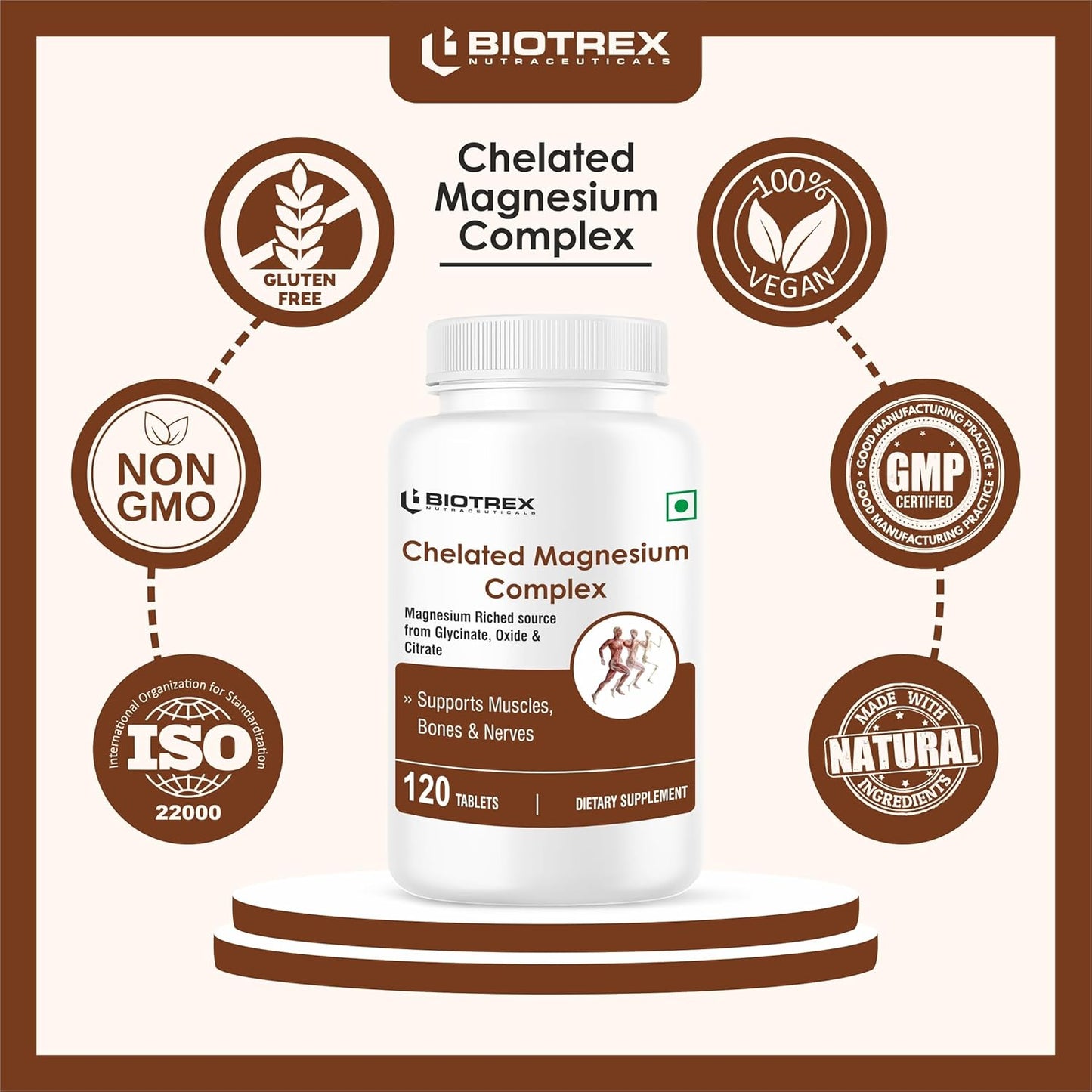 Biotrex Nutraceuticals Chelated Magnesium Complex, Magnesium Riched Source From Glycinate, Oxide & Citrate, Supports Bone, Muscle & Nerves Health - 120 Vegetarian Tablets