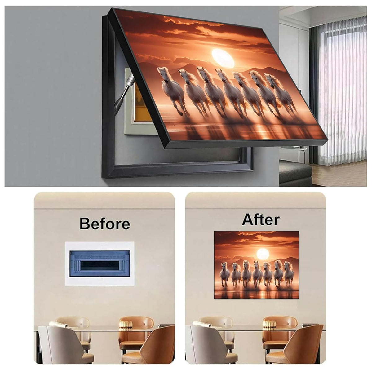 Electric MCB Box Cover Frame With Hydraulic Decorative Painting White 7 Running Horse Painting Electrical Panel box Cover, Switch Box Frame Will Fit Max 10x14 inch Switch Board, Outer Size 13X17 Inch