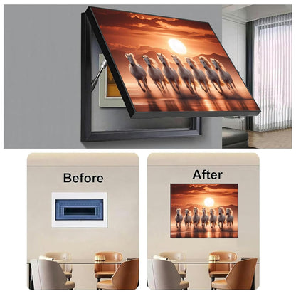 Electric MCB Box Cover Frame With Hydraulic Decorative Painting White 7 Running Horse Painting Electrical Panel box Cover, Switch Box Frame Will Fit Max 10x14 inch Switch Board, Outer Size 13X17 Inch