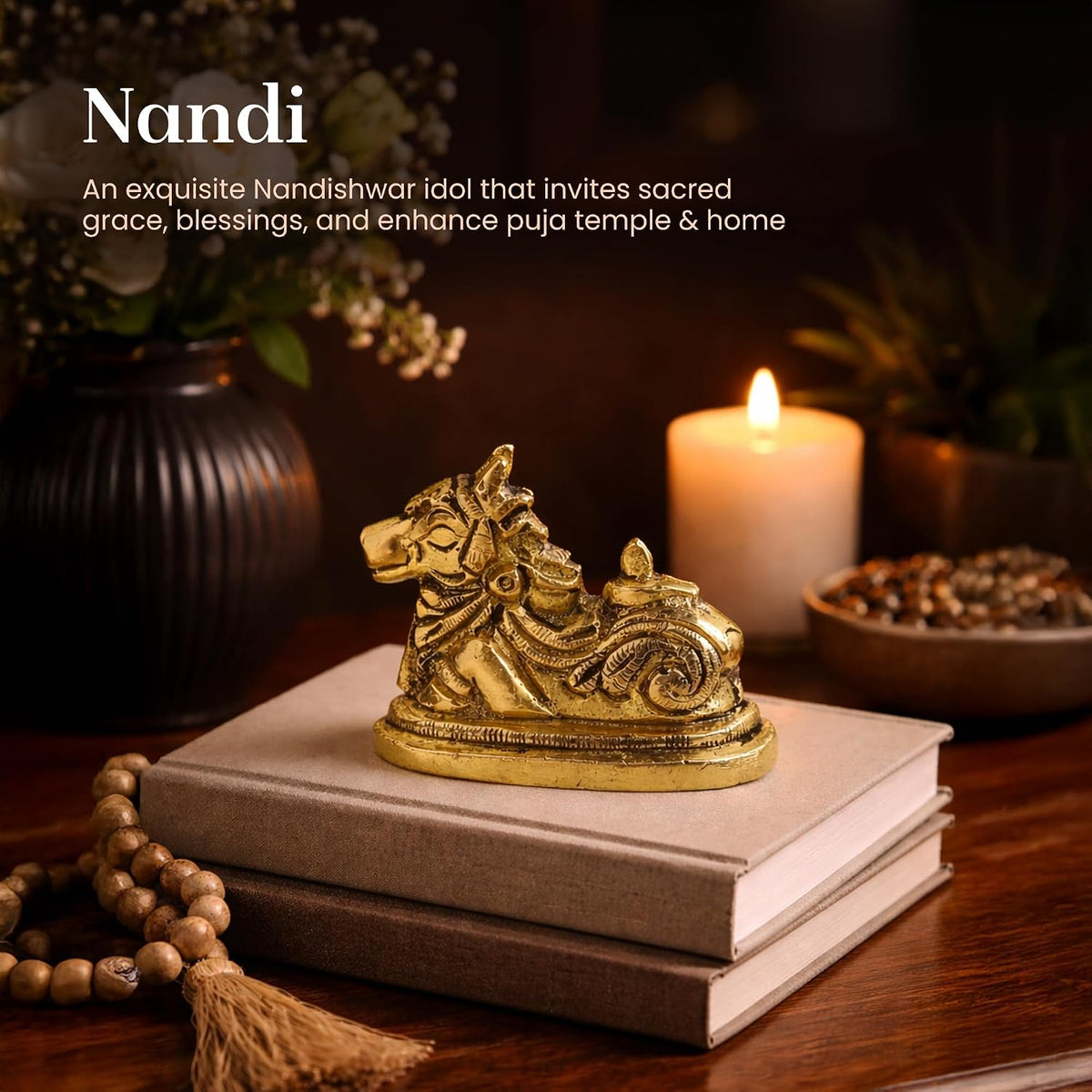 Handcrafted Brass Nandi Murti | Sacred Bull Idol for Shiva Pooja & Home Temple | Traditional Hindu Devotional Statue (Design01: L5 x W3 x H4.5 cm)