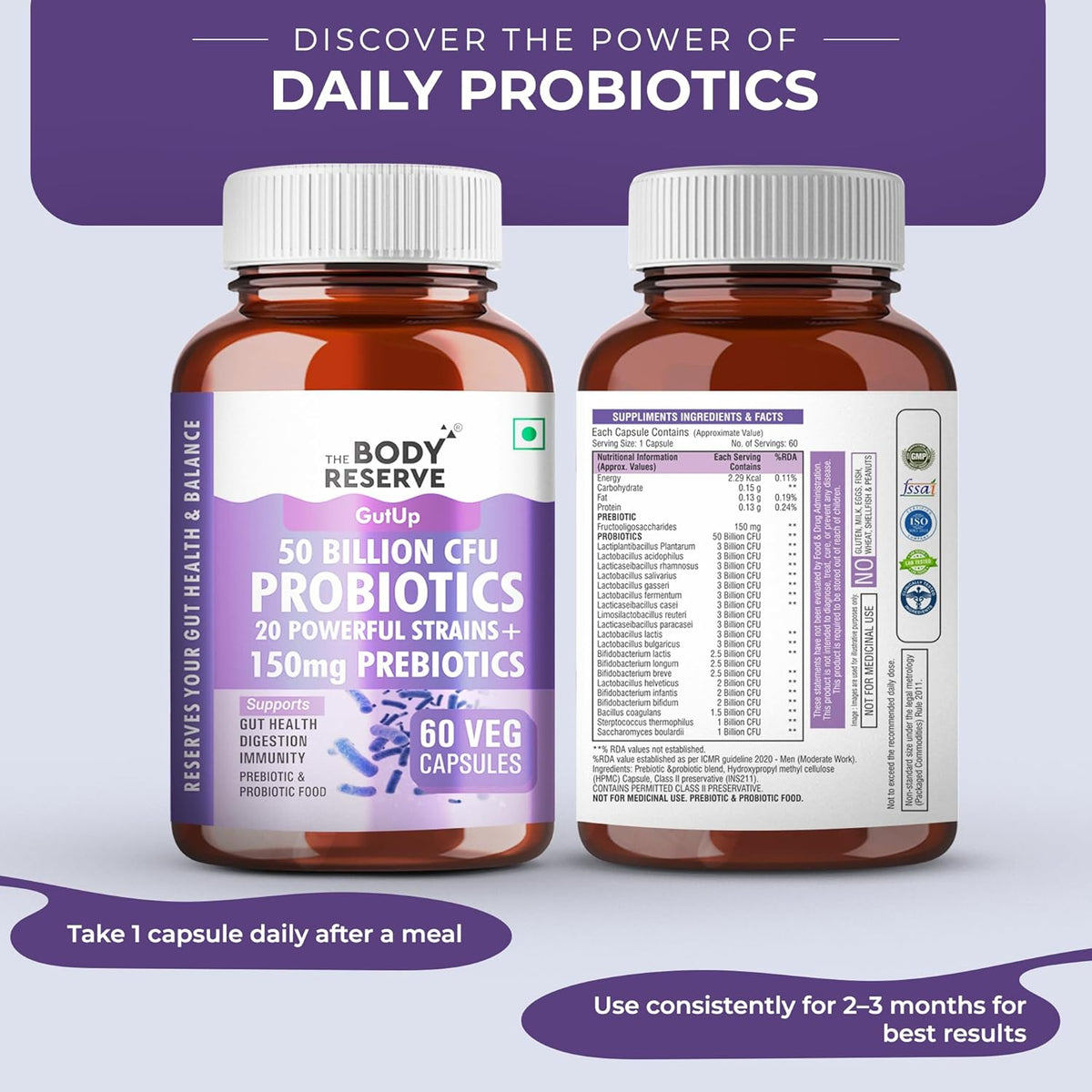 Two bottles of Body Reserve probiotics on a light purple background with promotional text.